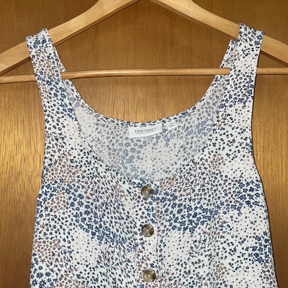 •TRUE CRAFT•IVORY BLUE/PINK/BROWN FLORAL BUTTON DOWN SLEEVELESS DRESS SIZE SMALL - Picture 7 of 9
